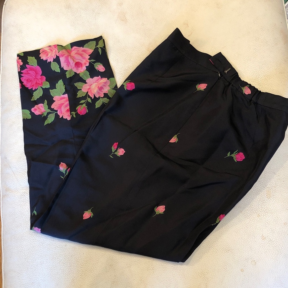 Talbots silk rose print on black pants